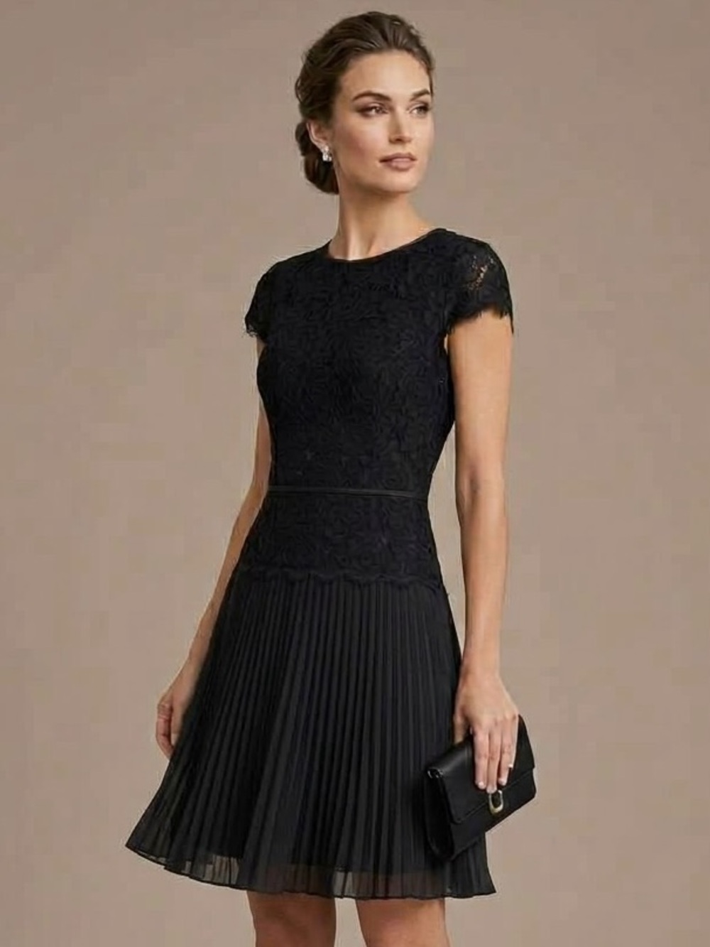 Adrianna Papell Pleated Chiffon Dress Rosette Floral Lace Bodice Black Size 2